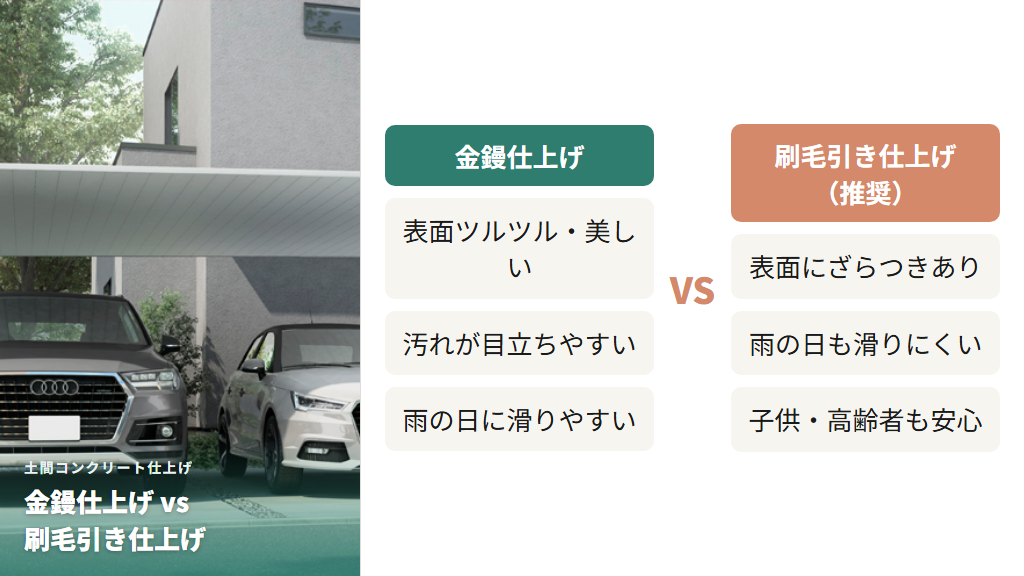 土間コンクリート金鏝仕上げと刷毛引き仕上げの比較