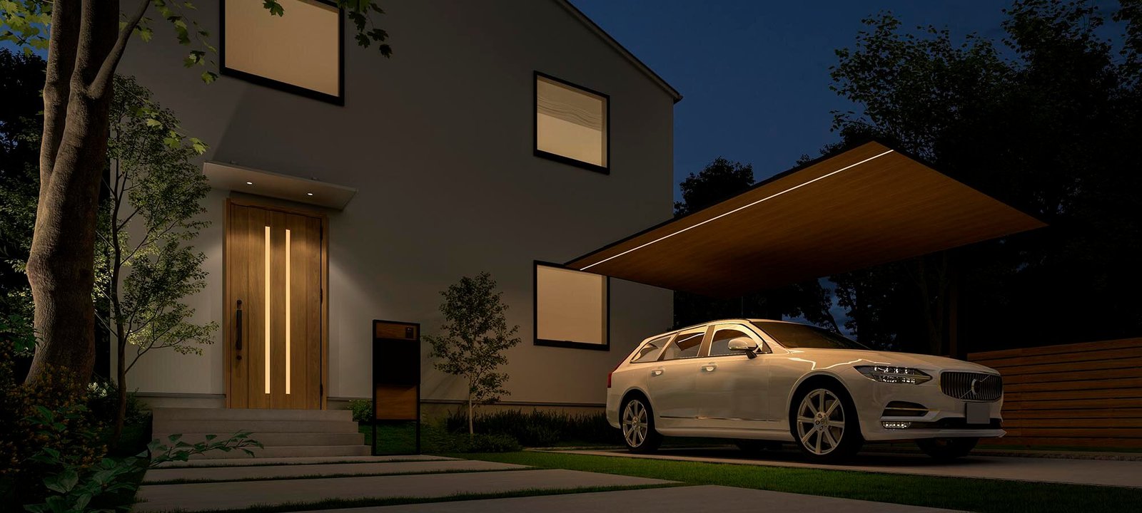 リクシル 1台用カーポート カーポートSC 27-50型 ブラック×チェリーウッド シームレスラインライト 夜景