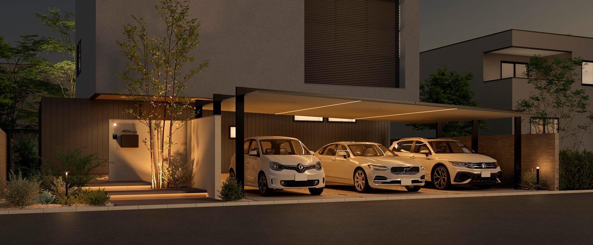 リクシル 3台用カーポート カーポートSC ブラック×木調 夕景 シームレスラインライト